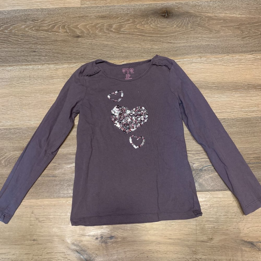 Girl's 100% Cotton Long Sleeve Tee Gray + Silver Sequin Hearts 6X